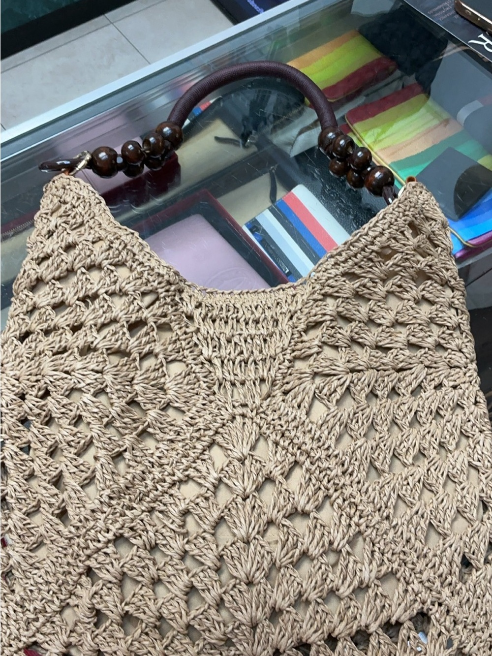 Woven Crochet Tote Bag with Beaded Handle - Beige